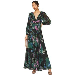 BADGLEY MISCHKA Black Floral Pleated Gown MSRP $915